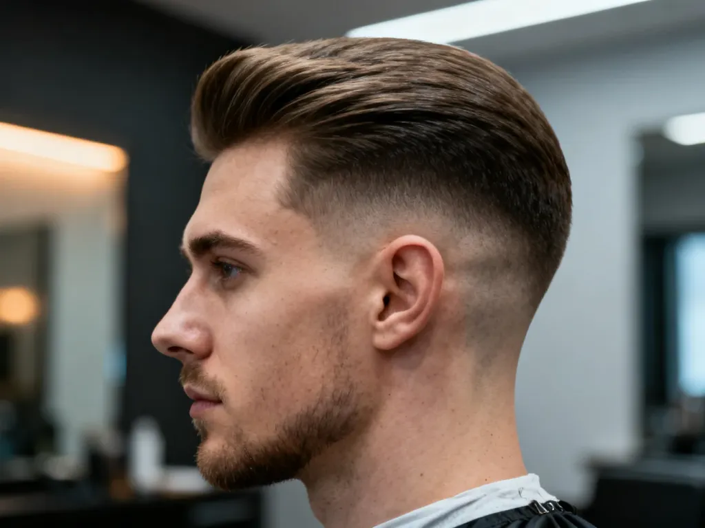 Mężczyzna z precyzyjnie wykonaną fryzurą typu low fade, prezentującą czyste przejście i naturalnie wystylizowane włosy.